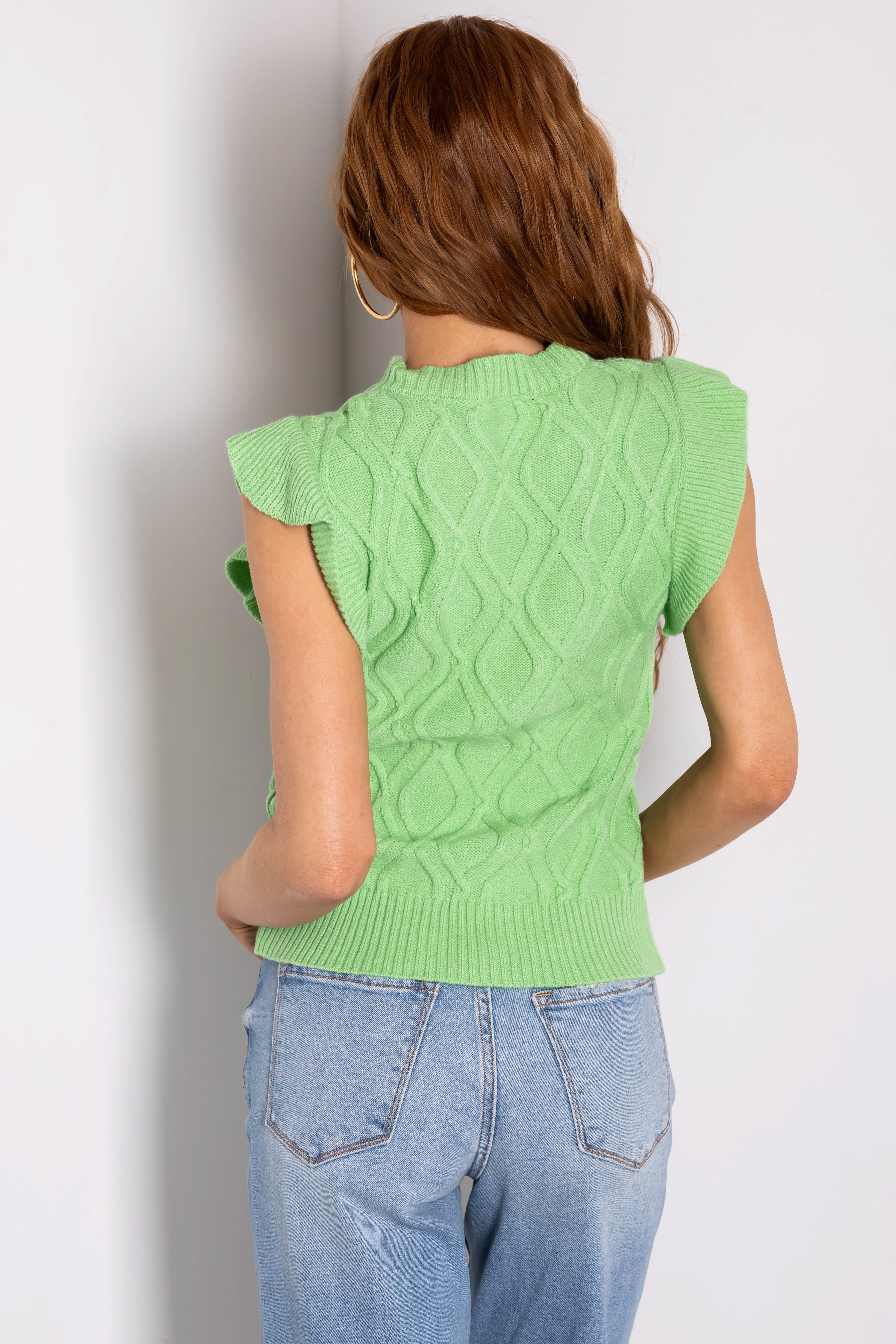 She Sky Stretchy Cable Knit Sweater Top with Ruffle Sleeves