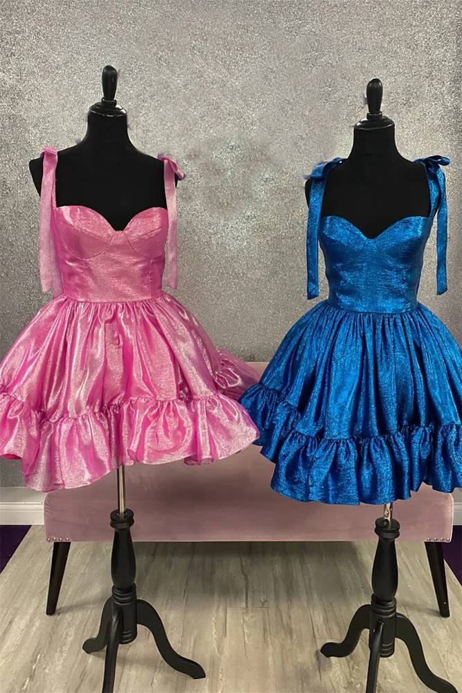 Blue Elegant Bow Tie Straps Corset A-Line Ruffle Formal Homecoming Dress for Special Occasions