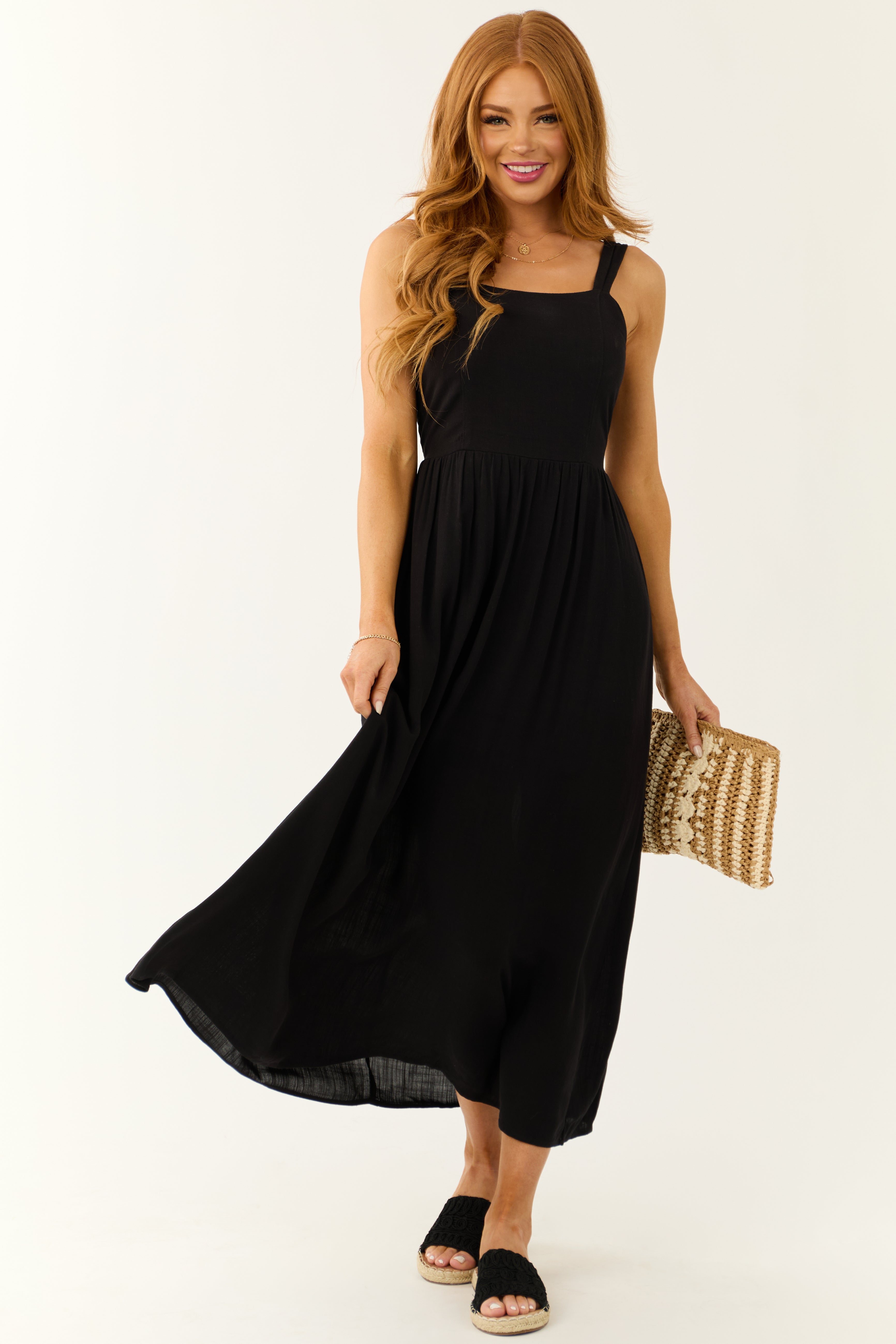 Elegant Black Sleeveless Maxi Dress with Smocked Back
