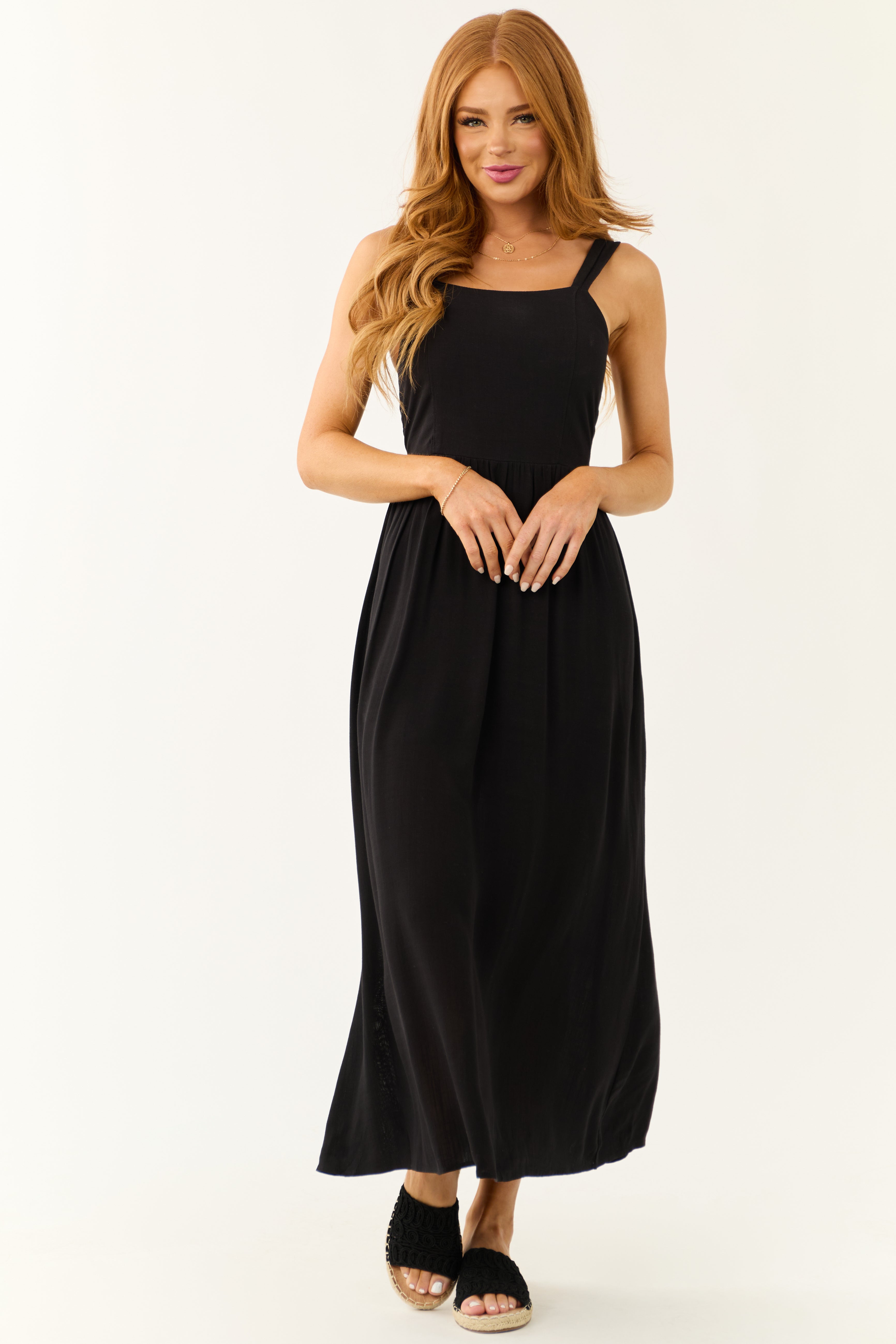 Elegant Black Sleeveless Maxi Dress with Smocked Back