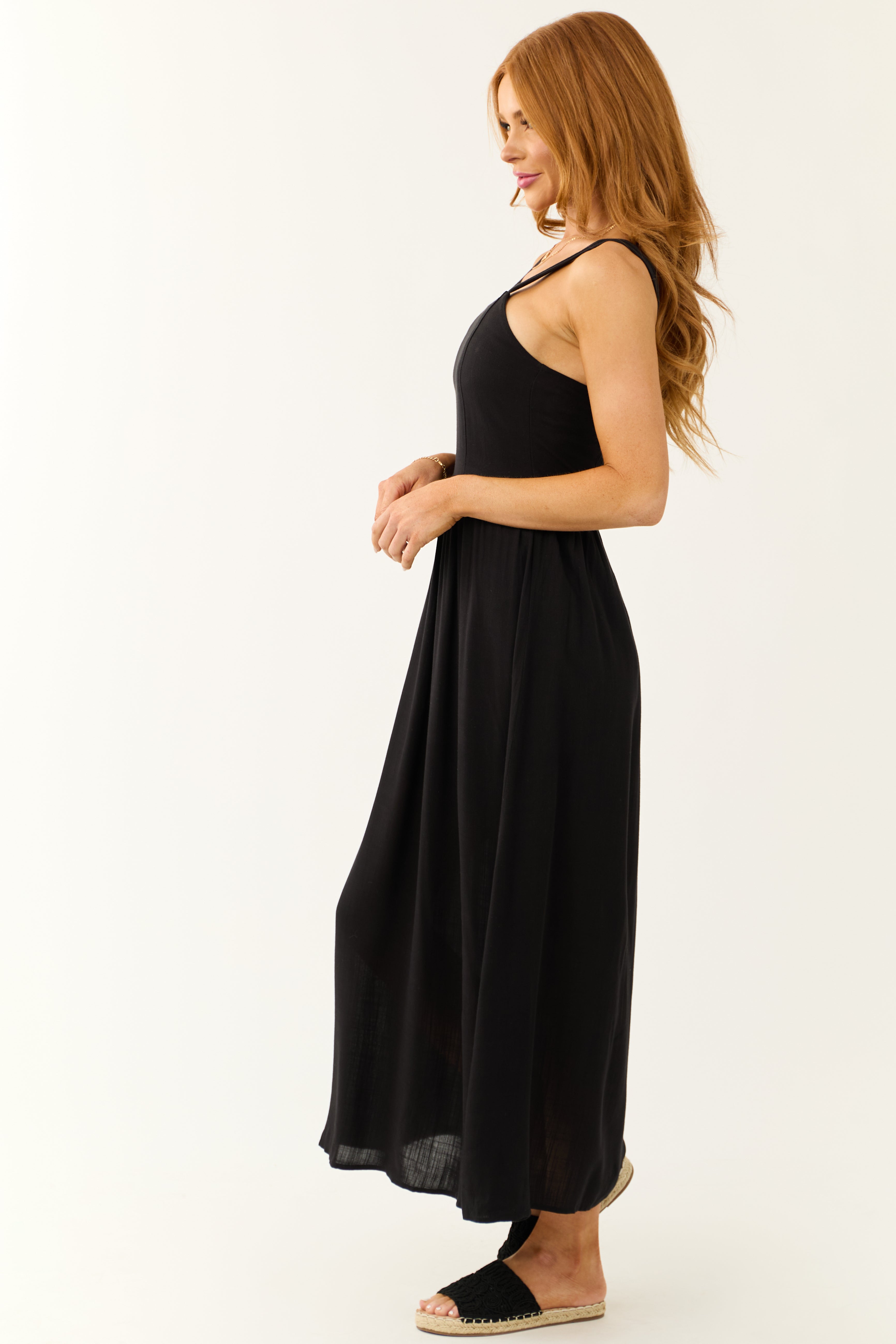 Elegant Black Sleeveless Maxi Dress with Smocked Back